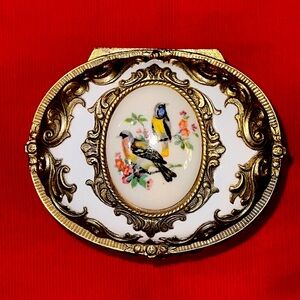 Vintage Ornate Hinged Cast Metal Footed Trinket Box Ceramic Birds Tile Japan